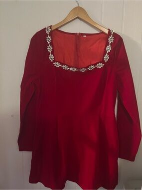 Amazon Red Long Sleeve Dress with Crystal Floral Neckline